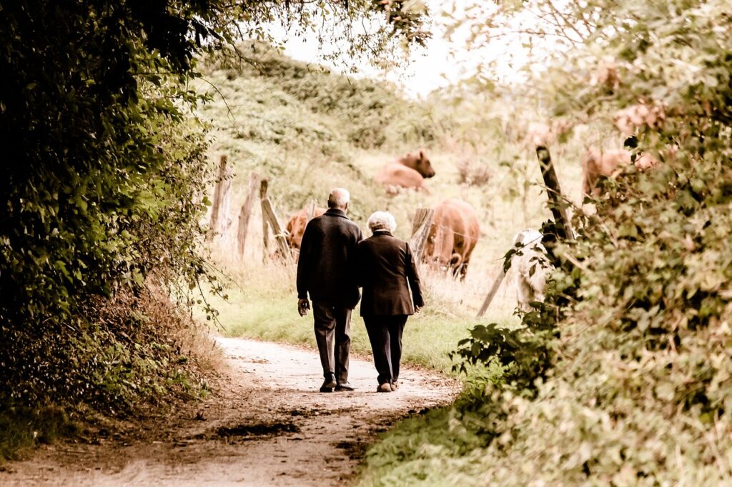 two old couples walking into a scenic place  to show a stable life beacause of nenkin